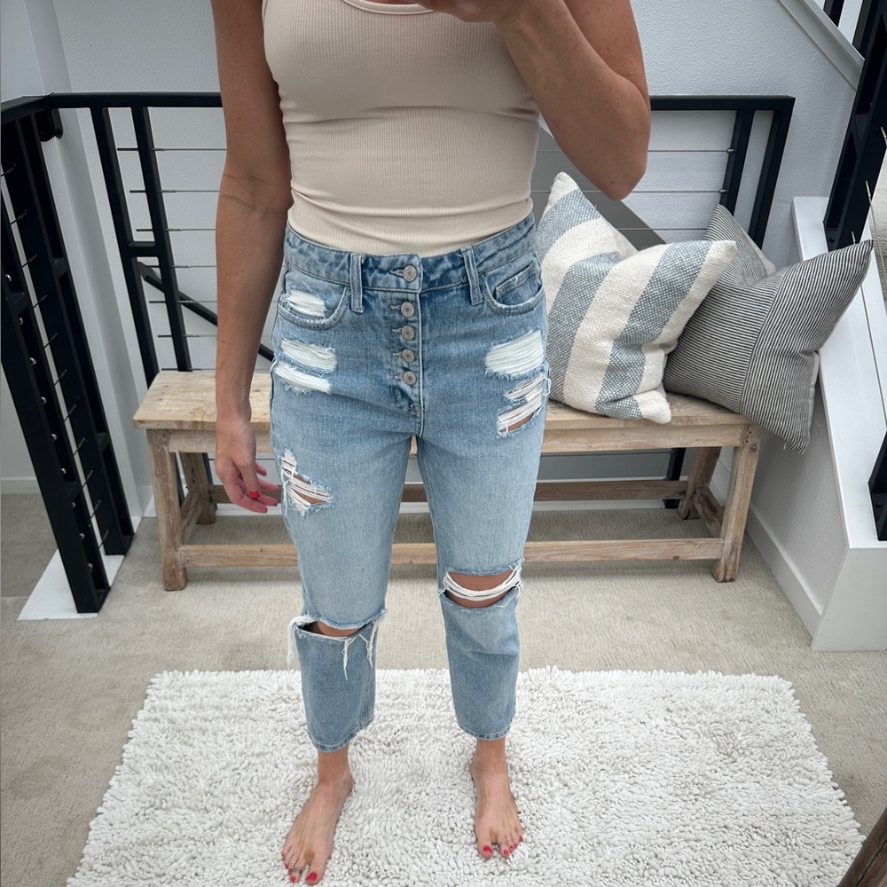 Vervet by Flying Monkey High Rise Button Fly Distressed Mom Jeans | Size 27 - Picture 5 of 15